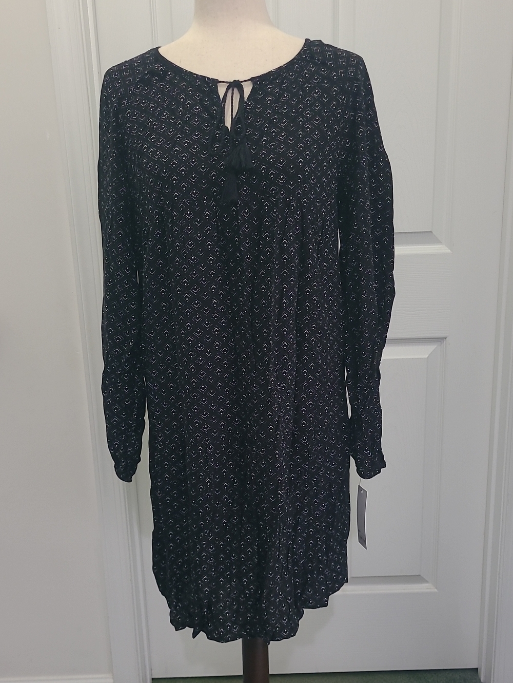 Sonoma Goods For Life Black Patterned Long-Sleeve Peasant Dress